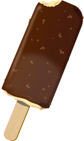 A chocolate-coated ice cream bar with a wooden stick.