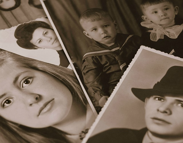 Several vintage black-and-white photographs featuring people, including portraits of women and children, stacked together.