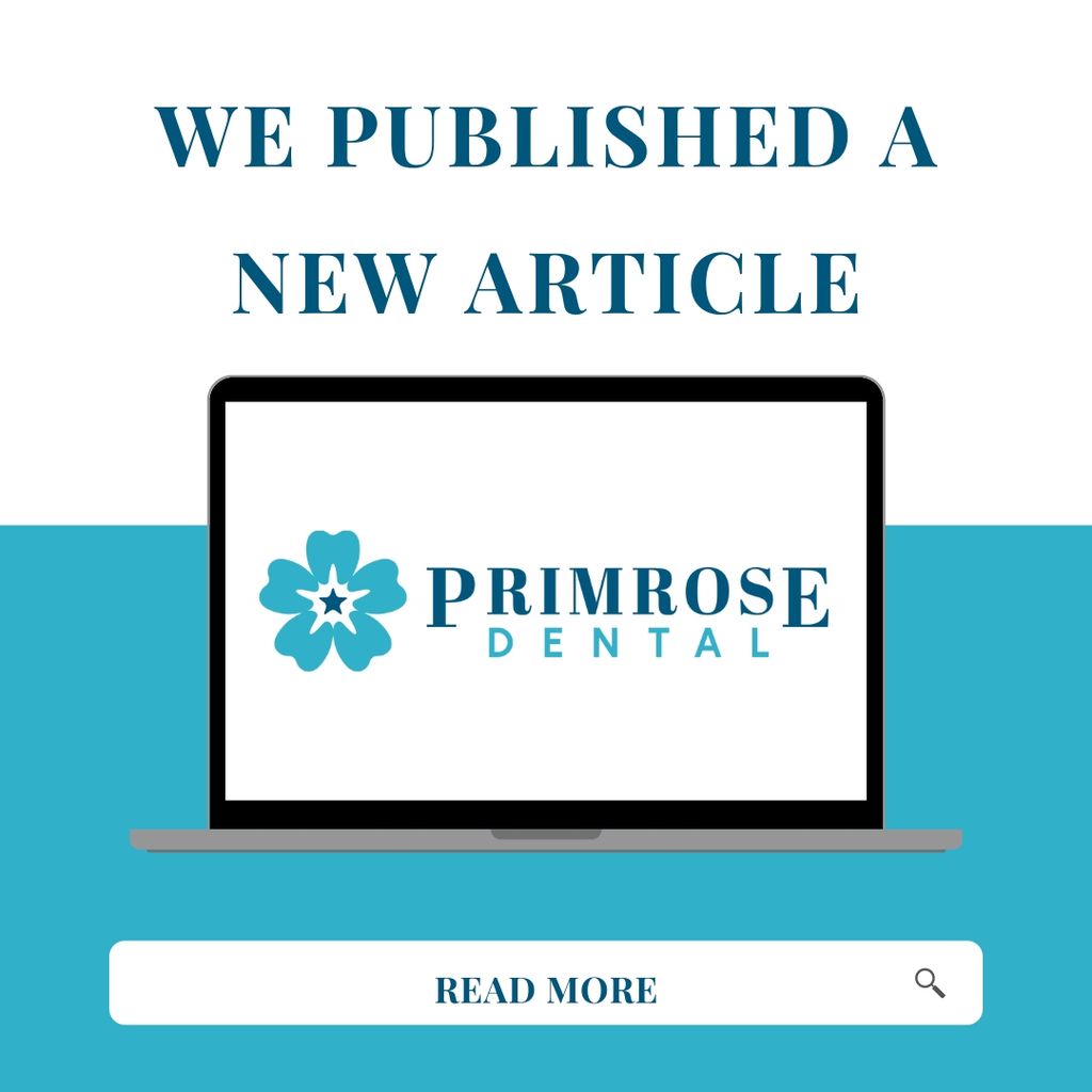A laptop displaying the Primrose Dental logo with a message about a newly published article and a 'READ MORE' button.